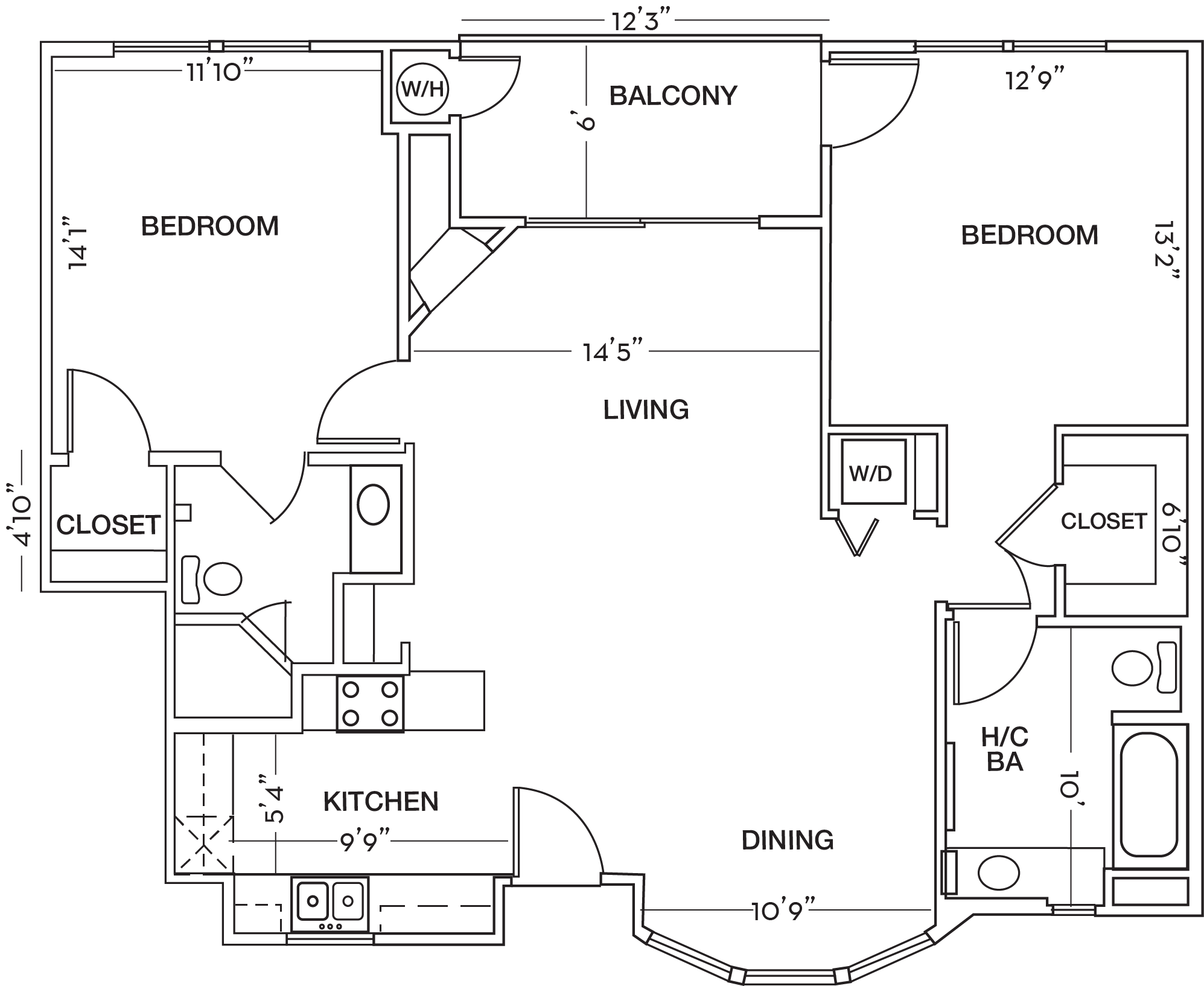 Floor plan for 2 beds, 2 baths, 1082 sqft